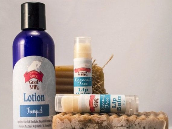Goat milk lotion and coconut-free lip balm displayed together, highlighting natural skincare products. The blue bottle labeled "Tranquil" is accompanied by two lip balms and a bar of soap, emphasizing moisturizing benefits and eco-friendly ingredients.